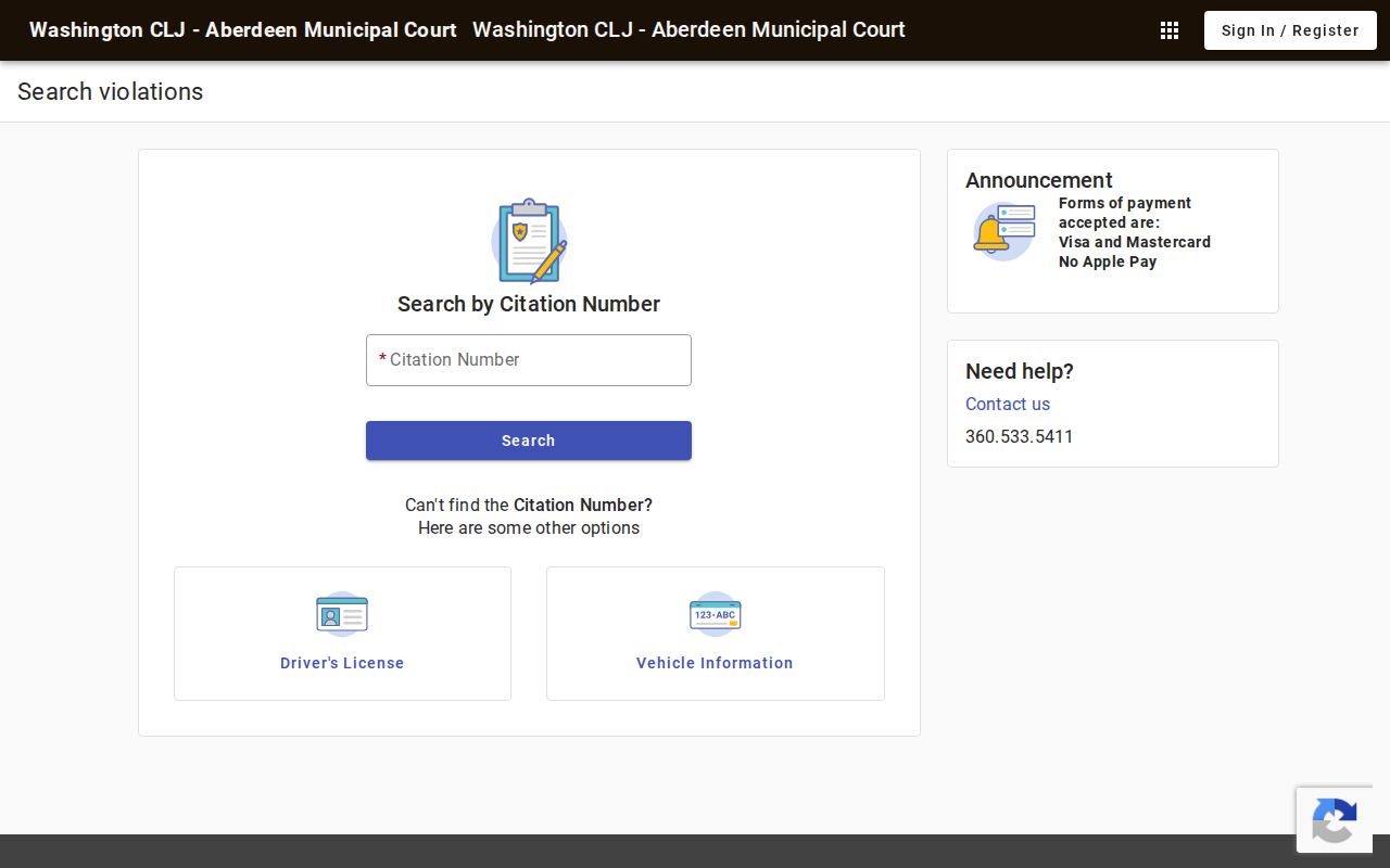 Aberdeen court record citation and name search interface