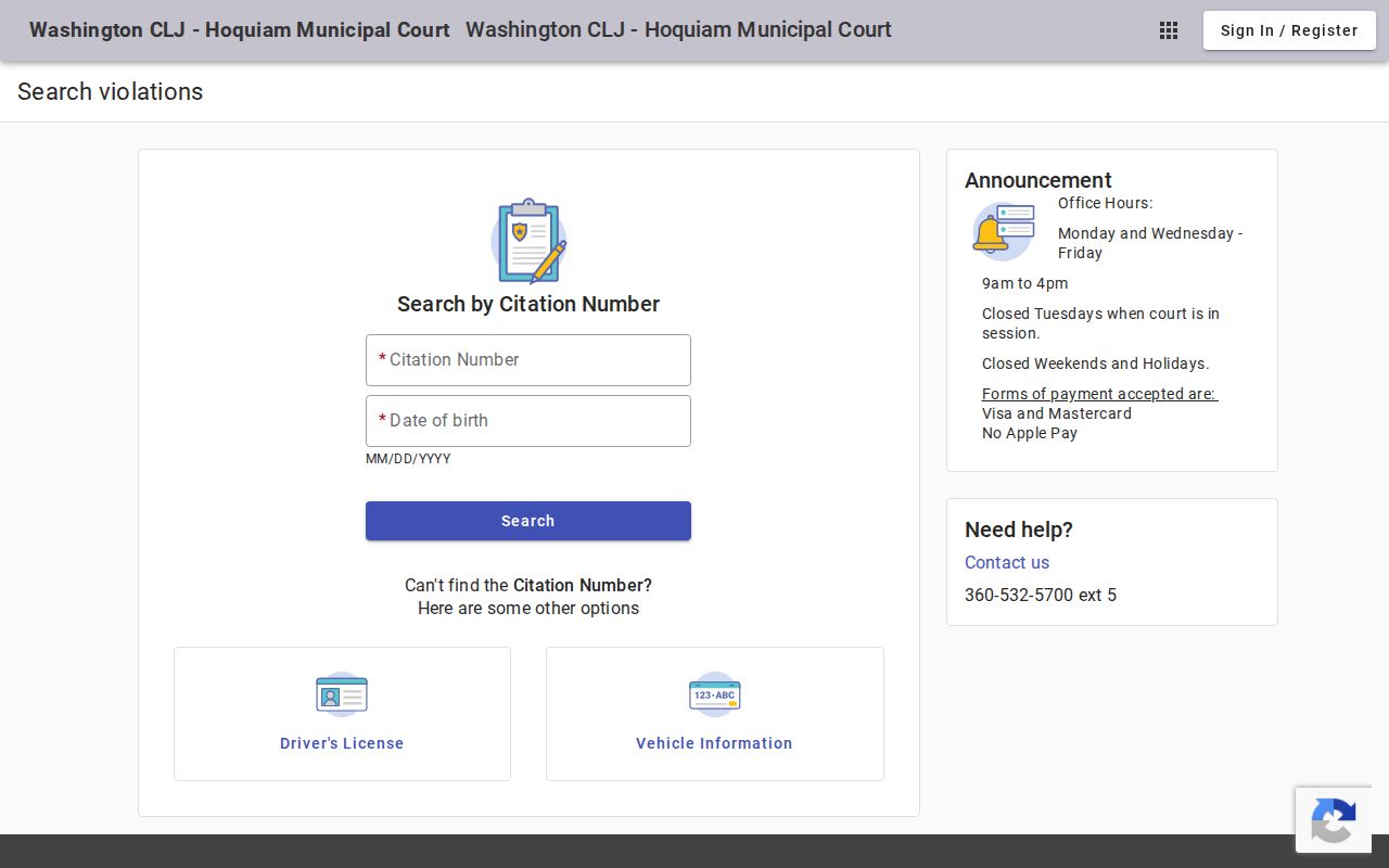 Hoquiam Municipal Court online citation and case search form