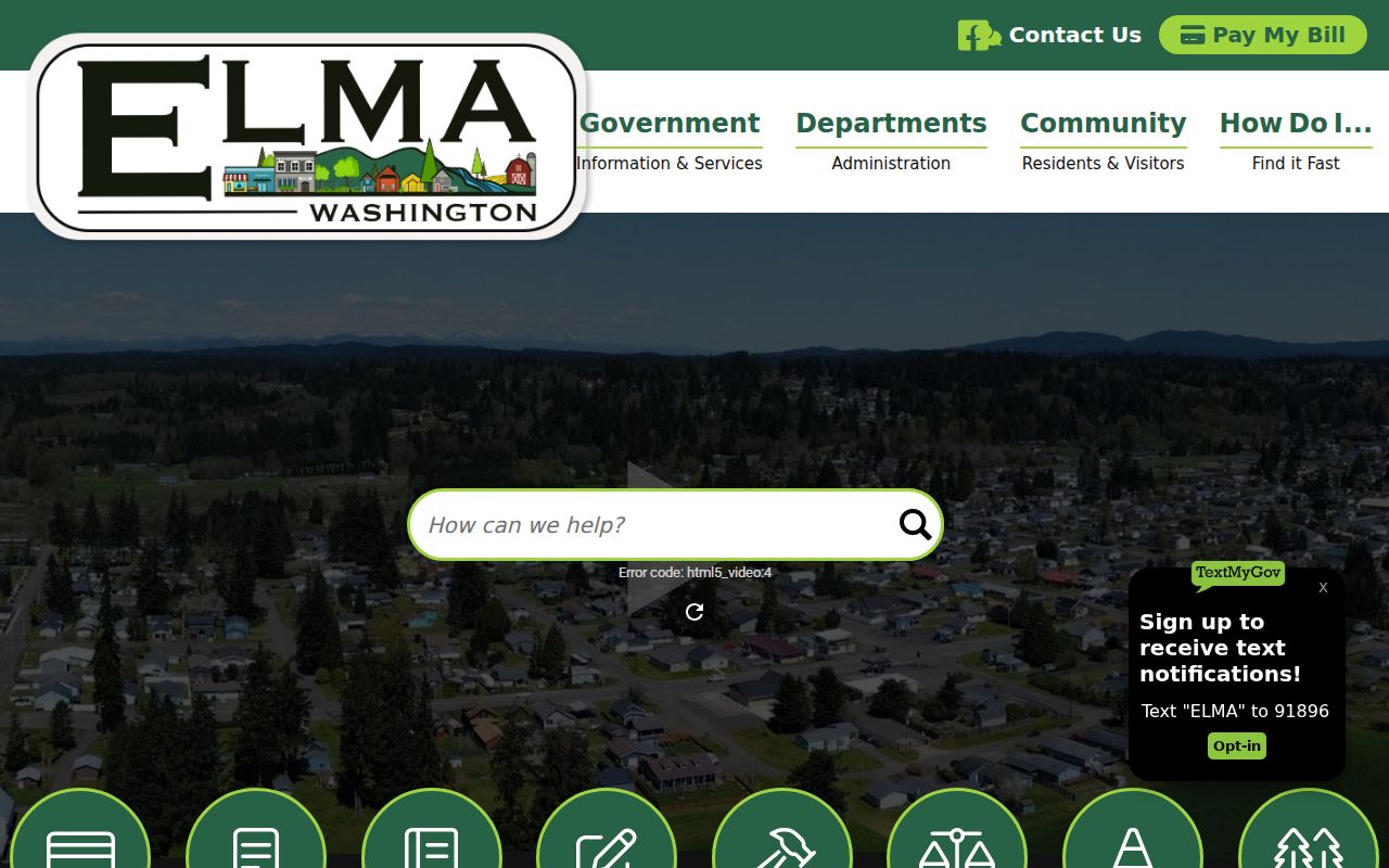 Official City of Elma website showing the local civic and court access route